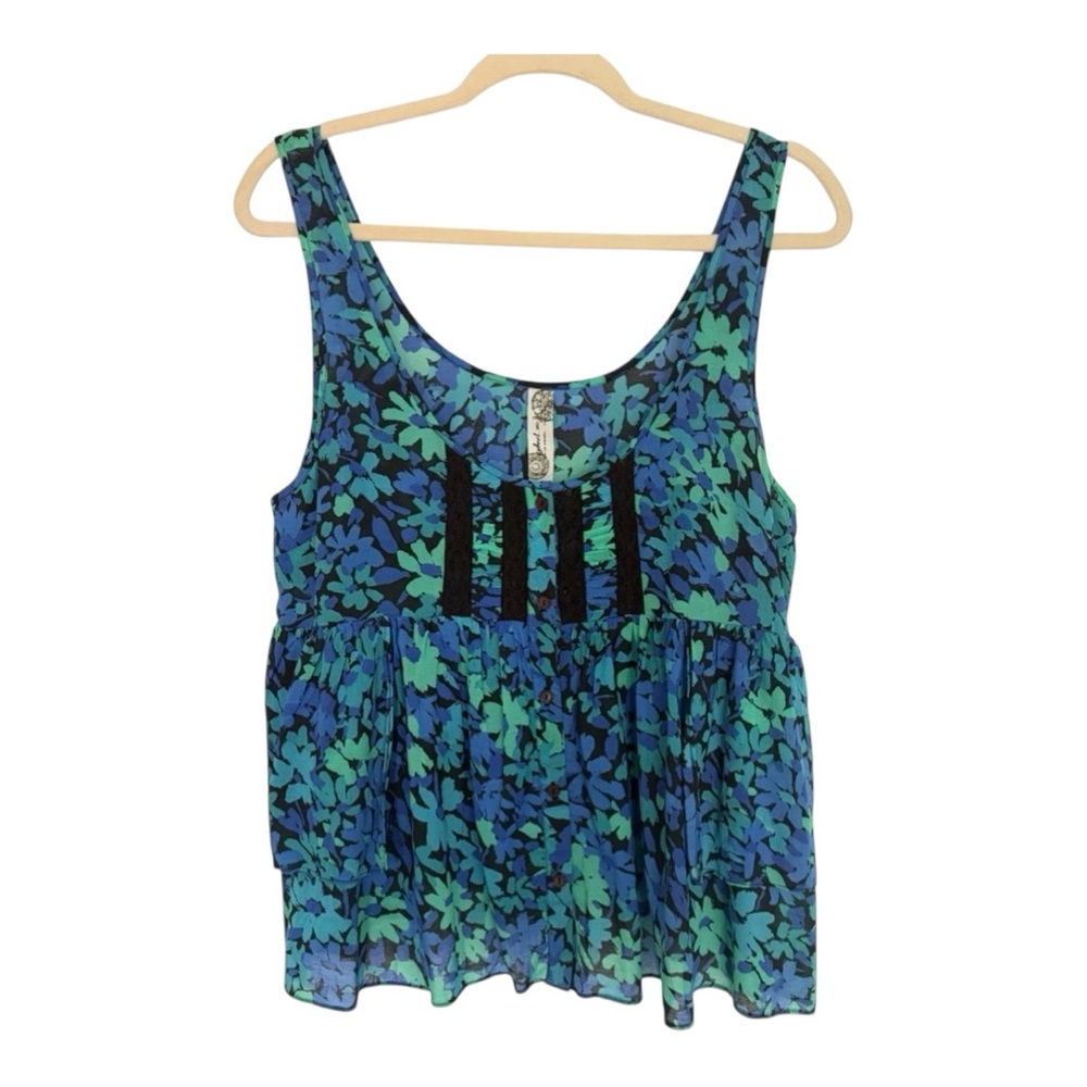 Free People Aqua Blue Floral Babydoll Tank Top Size L Button Front Tiered Boho